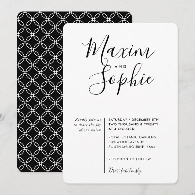MINIMAL SCRIPT einfache moderne Hochzeit Schwarz-w Einladung (Vorne/Hinten)