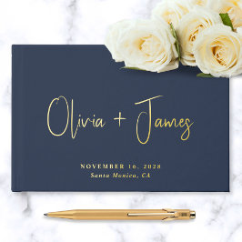 Minimal Script Foto Navy Blue Wedding Gästebuch