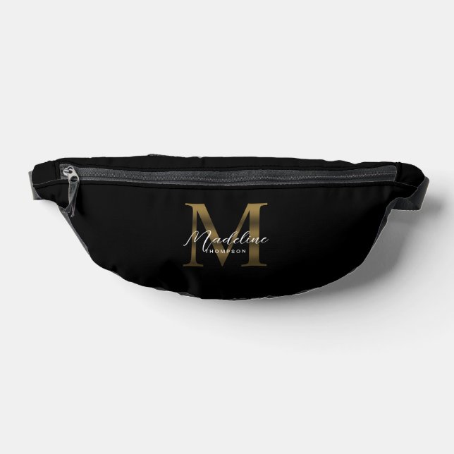 Minimal Script Metallic Black Gold Monogram Bauchtasche (Ablage )