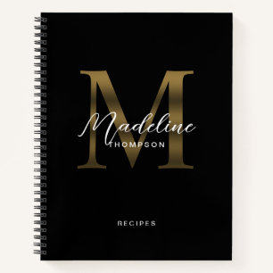 Minimal Script Metallic Black Gold Monogram Rezept Notizbuch