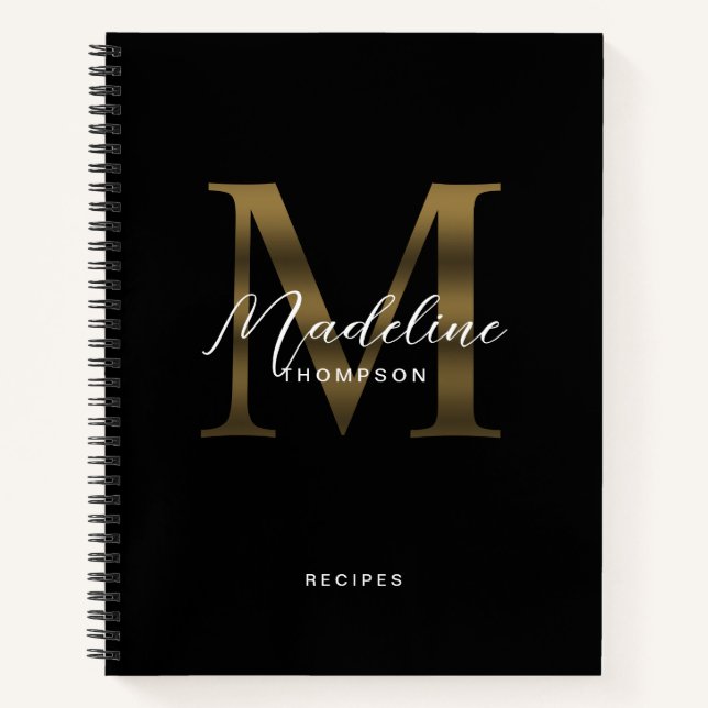 Minimal Script Metallic Black Gold Monogram Rezept Notizbuch (Vorderseite)