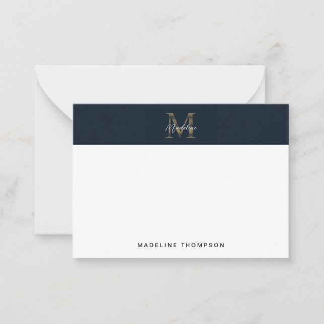 Minimal Script Metallic Navy Blue Gold Monogram Mitteilungskarte (Vorderseite)