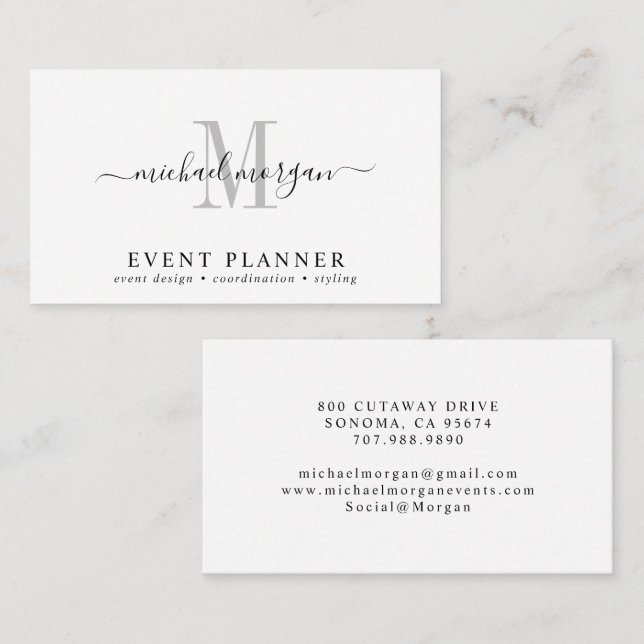 Minimal Script Monogram Event Planner Visitenkarte (Vorne/Hinten)