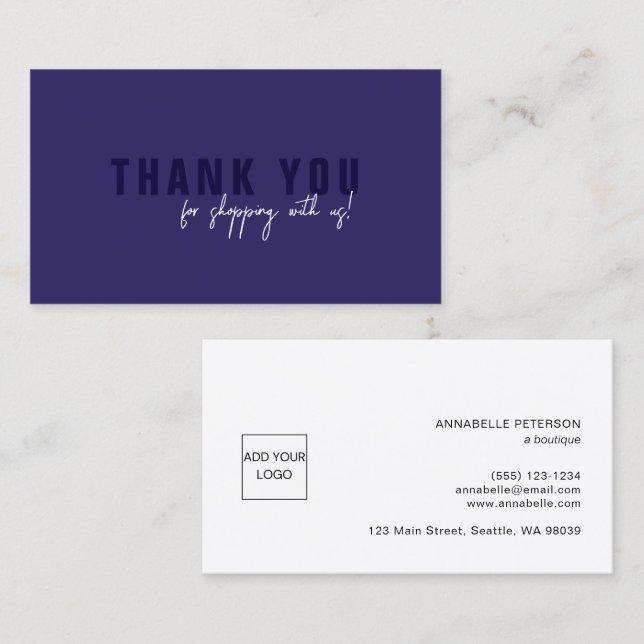Minimal Script Navy Blue Dankeschön Logo Visitenkarte (Vorne/Hinten)