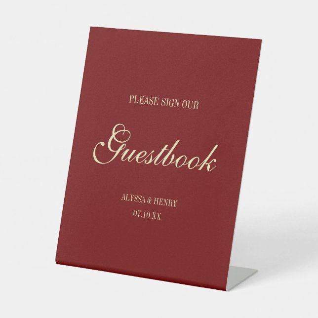 Minimal Script Wine Red "Sign Our Guestbook" Sockelschild (Vorderseite)