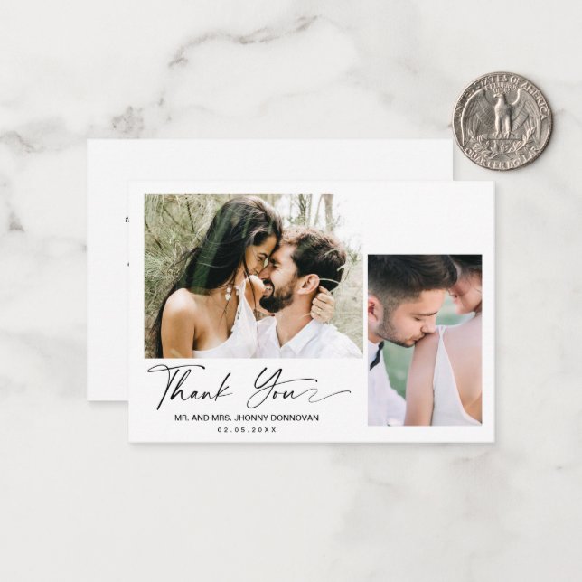 Minimal Script Zwei Foto Hochzeit Danke Karte (Vorderseite/Rückseite Beispiel)