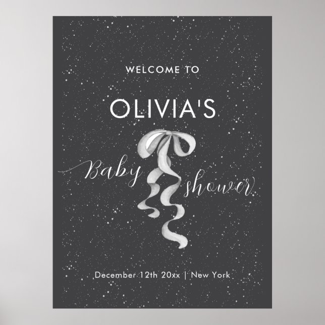 Minimal Silver Bow Winter Snow Baby Shower Welcome Poster (Vorne)