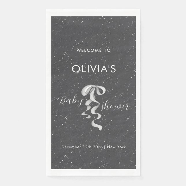 Minimal Silver Bow Winter Snow Baby Shower Welcome Serviette (Vorderseite)