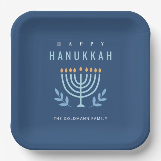 Minimal Simple Blue Menorah Candles Happy Hanukkah Pappteller (Vorderseite)