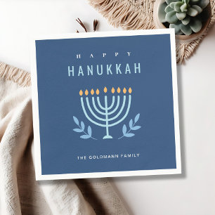 Minimal Simple Blue Menorah Candles Happy Hanukkah Serviette