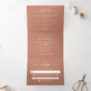 Minimal Simple Clay Terracotta Bold Names Wedding Dreifach Gefaltete Einladung