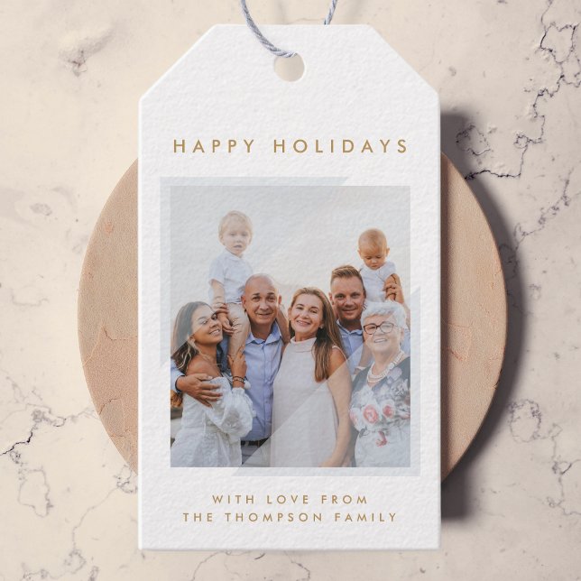 Minimal Simple White | Foto der Weihnachtsfamilie Geschenkanhänger (Von Creator hochgeladen)
