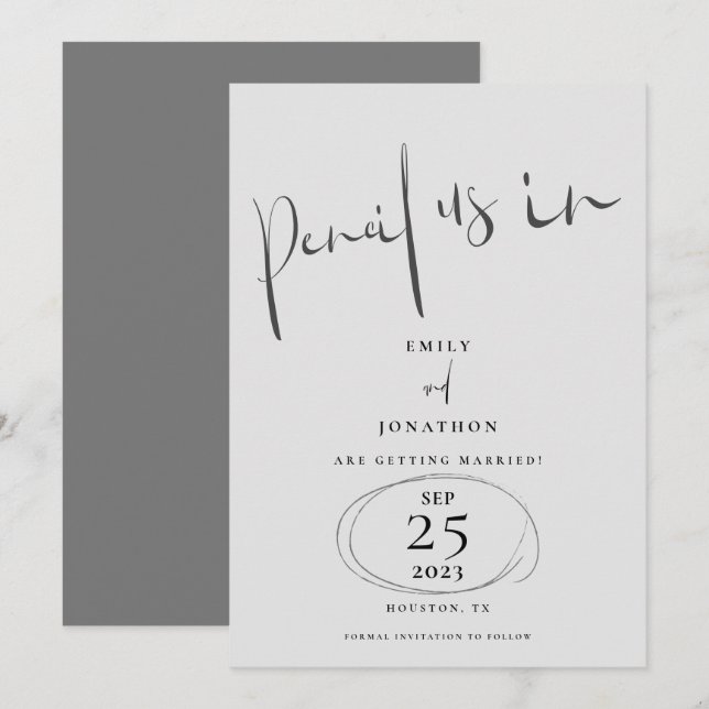 Minimal Stift uns in stylishem Skript grau Save The Date (Vorne/Hinten)