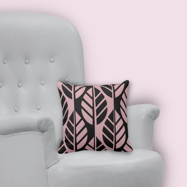 Minimal stilisierte Schwarz/Rosa Blätter Kissen (Minimal Stylized Black and Pink Leaves Pattern Throw Pillow)