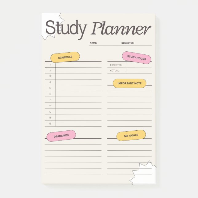 Minimal Study Planner With Hourly Schedule Post-it Klebezettel (Vorderseite)