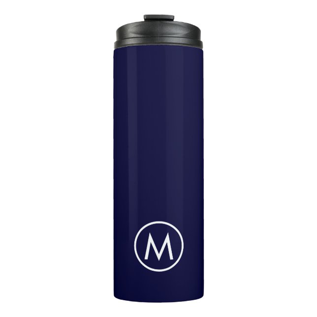 Minimal stylische Navy White Monogram Travel Mug Thermosbecher (Vorderseite)
