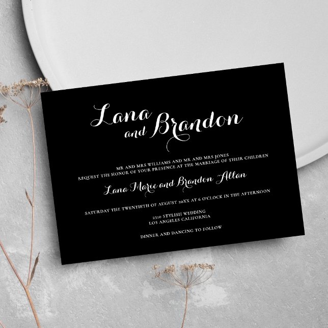 Minimal stylische Schwarz-weiße Hochzeit Einladung (Minimal stylish classic script black white wedding)
