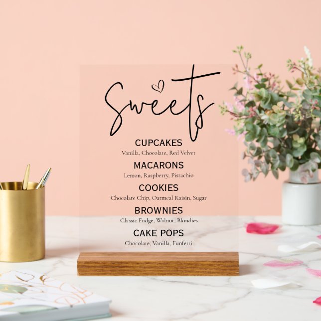Minimal Sweet Dessert Menu Modernes Schwarz-weißes Acrylschild (Hochzeit)