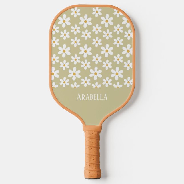 Minimal Tan und White Daisies Personalisiert Boho Pickleball Schläger (Vorderseite)
