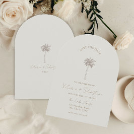Minimal Taupe Palm Tree Beach Save The Date Einladung