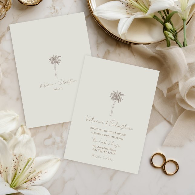 Minimal Taupe Palm Tree Beach Wedding Invitation Einladung (Von Creator hochgeladen)