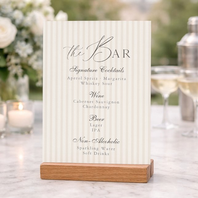 Minimal Taupe Stripe Wedding Bar Menu  Einladung (Von Creator hochgeladen)