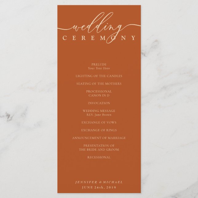 Minimal terracotta Ceremony wedding Programm (Vorderseite)