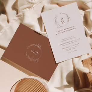 Minimal Terracotta Floral Wreath Monogram Wedding Einladung