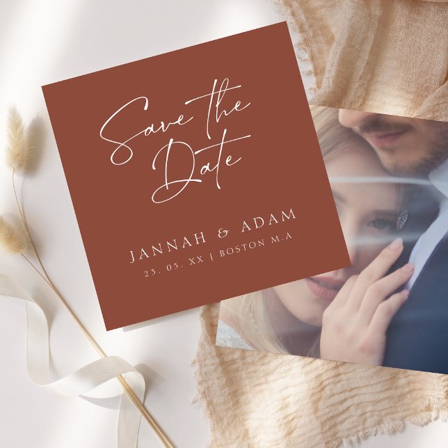 Minimal Terracotta Script Typografy Foto Wedding Save The Date (Von Creator hochgeladen)
