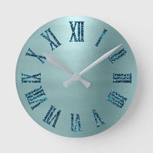 Minimal Tiffany Aqua Aquamariner Glitzer Römische  Runde Wanduhr (Vorderseite)