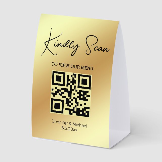 Minimal trendy qr Code Hochzeitsmenü Gold Tischaufsteller (Vorderseite)