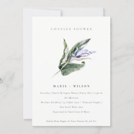 Minimal Tropische Leafy Blue Floral Couples Dusche Einladung