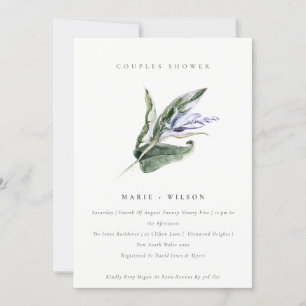 Minimal Tropische Leafy Blue Floral Couples Dusche Einladung