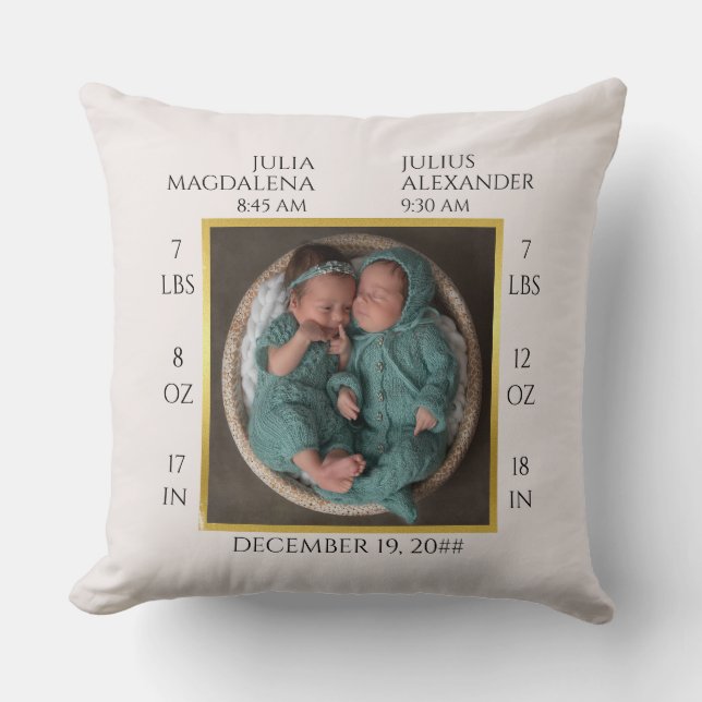 Minimal Twin Baby Name Geburtsstat Foto Keepake Kissen (Vorderseite)