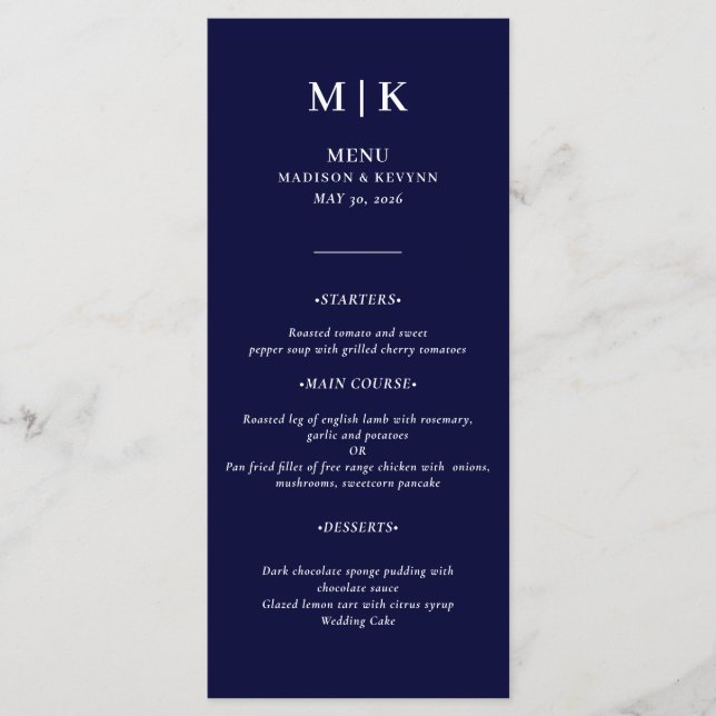 Minimal und Chic | Blaue und weiße Hochzeit der Ma Menükarte (Vorderseite)