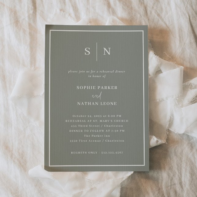 Minimal und Chic | Sage Green Probe Dinner Einladung (An elegant sage green choice for your wedding rehearsal dinner invitations)