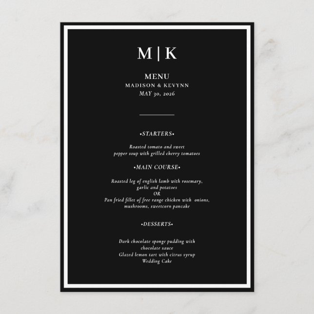 Minimal und Chic | Schwarz-Weiß-Hochzeit Menükarte (Vorderseite)
