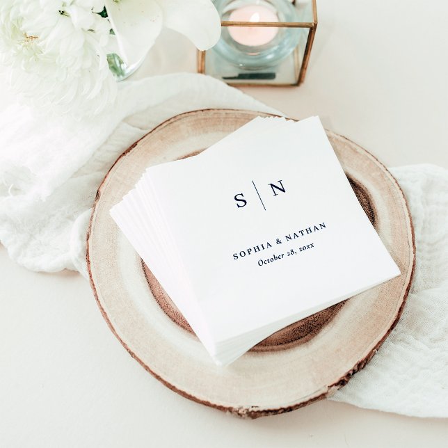 Minimal und Chic | Weiß und Navy Blau Serviette (A minimal and modern wedding napkin with navy blue text and your monogram)