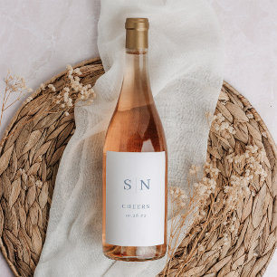 Minimal und Chic White and Blue Monogram Cheers Weinetikett
