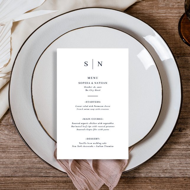Minimal und Chic | White and Navy Wedding Menu Flyer (A modern and minimalist wedding menu, with dark navy blue text on white)