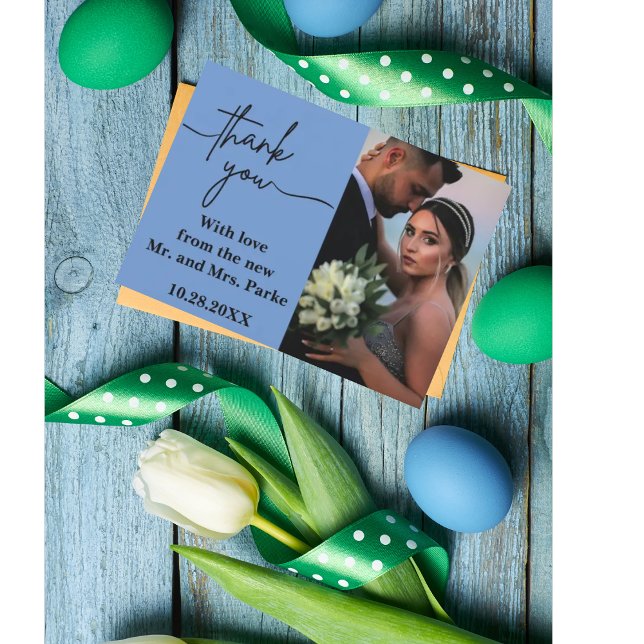Minimal und ChicDusty Blue Zwei-Foto Hochzeit Dankeskarte (Von Creator hochgeladen)