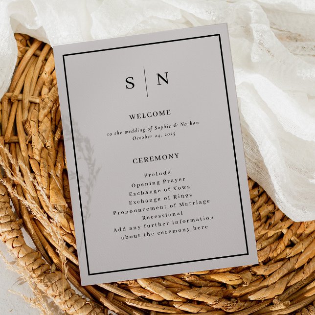 Minimal und schick grau mit schwarzer Grenze Hochz Programm (A minimal and chic wedding program in soft gray and black, with your monogram)
