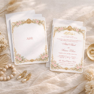 Minimal Victorian Floral Gold Muslim Nikkah Pink Einladung