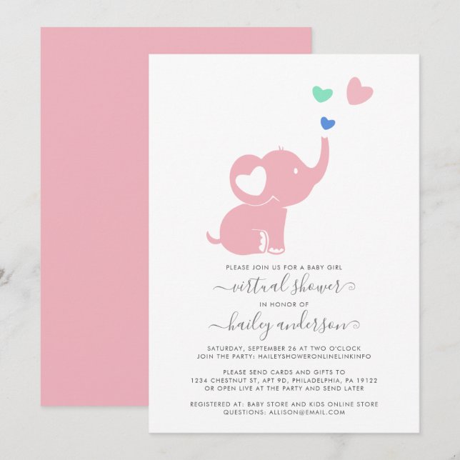 Minimal Virtual Baby Dusche Pink Girl Elephant Einladung (Vorne/Hinten)