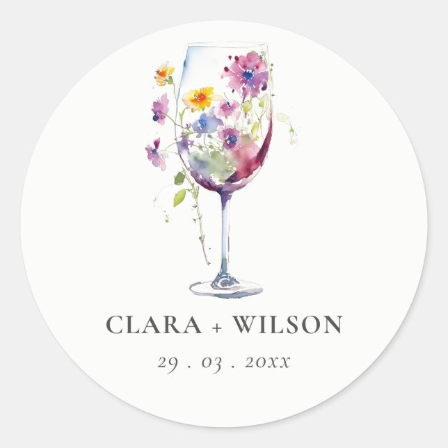 Minimal Wasserfarben Blumenwein Hochzeit Runder Aufkleber (Vorderseite)