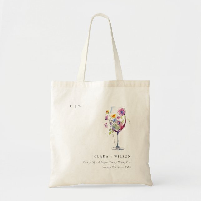Minimal Wasserfarben Blumenwein Hochzeit Tragetasche (Vorne)