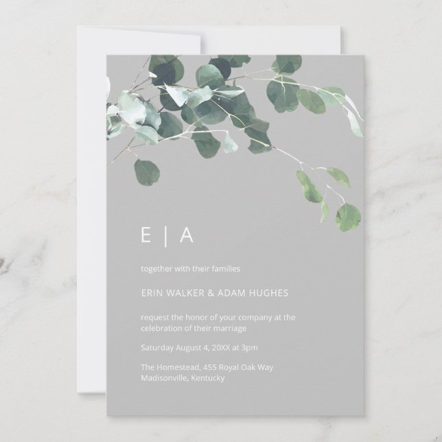 Minimal Watercolor Eukalyptus Greenery Monogram Einladung (Vorderseite)