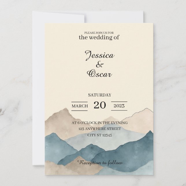 Minimal Watercolor Mountain Wedding Invitation Einladung (Vorderseite)