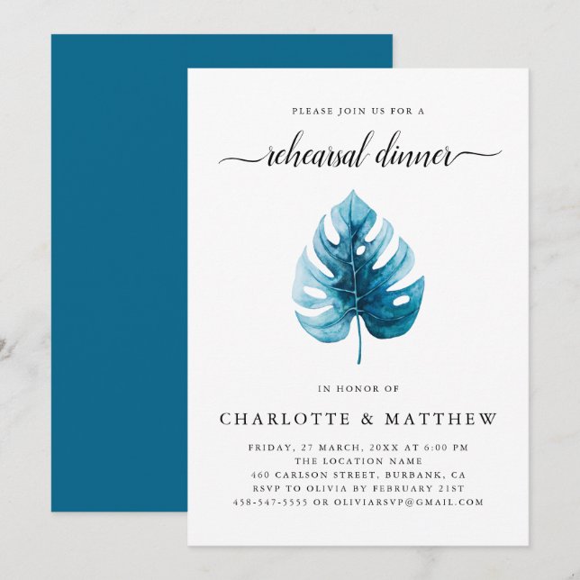 Minimal Watercolor Tropical Leaf Probe Abendessen Einladung (Vorne/Hinten)