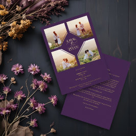 Minimal Wedding Purple & Gold 4-Photos Collage Folieneinladung